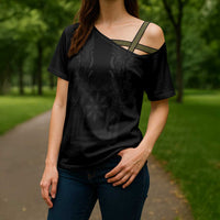 Philippines Barong Style Cross Shoulder Shirt with Polynesian Art and Leaf Motif Black Color