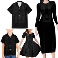Philippines Barong Style Family Matching Long Sleeve Bodycon Dress and Hawaiian Shirt with Polynesian Art and Leaf Motif Black Color LT03 - Polynesian Pride