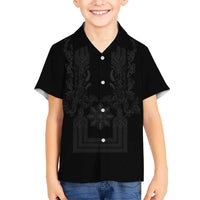 Philippines Barong Style Family Matching Mermaid Dress and Hawaiian Shirt with Polynesian Art and Leaf Motif Black Color LT03 Son's Shirt Black - Polynesian Pride