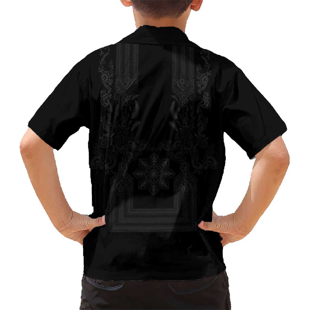 Philippines Barong Style Family Matching Off Shoulder Maxi Dress and Hawaiian Shirt with Polynesian Art and Leaf Motif Black Color LT03 - Polynesian Pride
