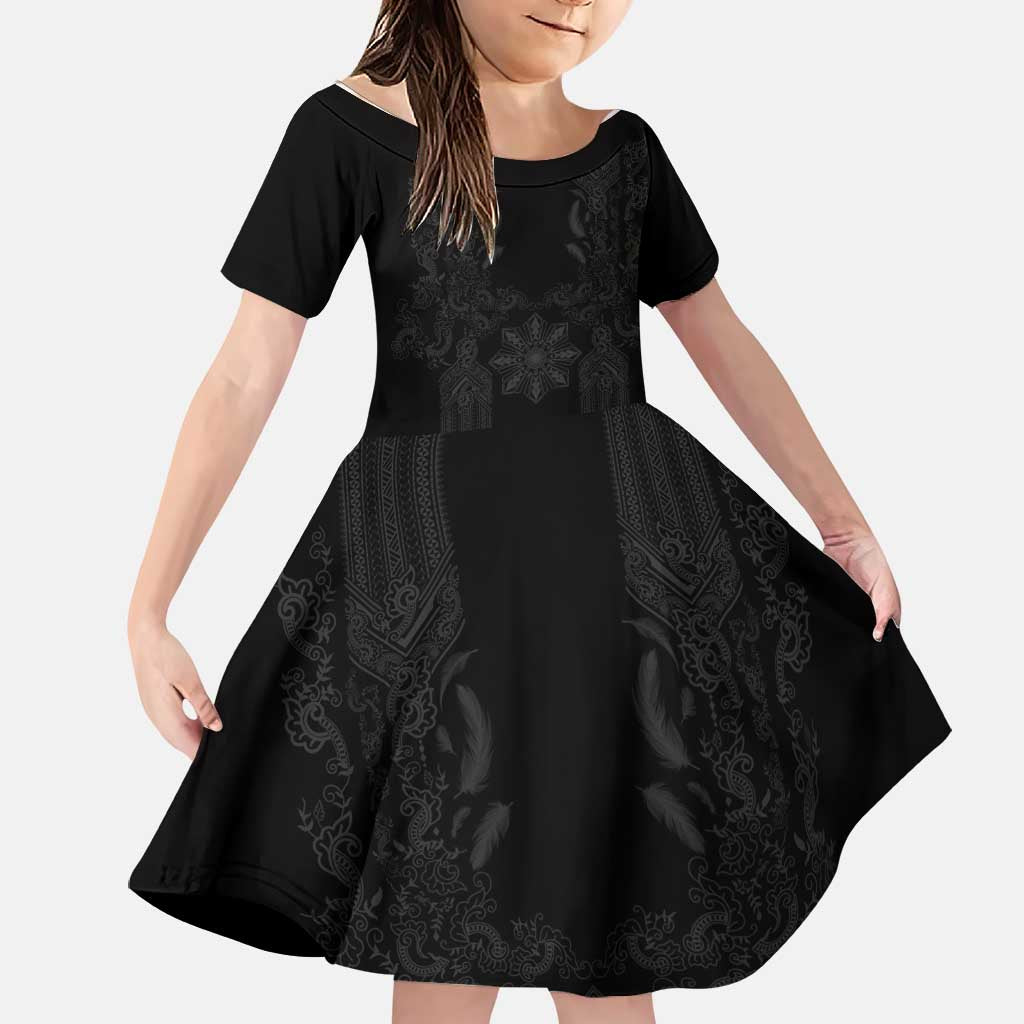 Philippines Barong Style Family Matching Off Shoulder Maxi Dress and Hawaiian Shirt with Polynesian Art and Leaf Motif Black Color LT03 Daughter's Dress Black - Polynesian Pride