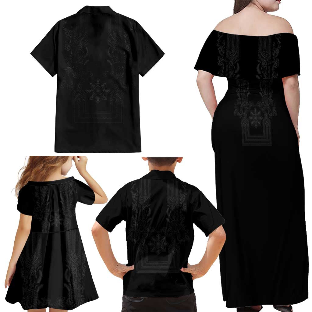 Philippines Barong Style Family Matching Off Shoulder Maxi Dress and Hawaiian Shirt with Polynesian Art and Leaf Motif Black Color LT03 - Polynesian Pride