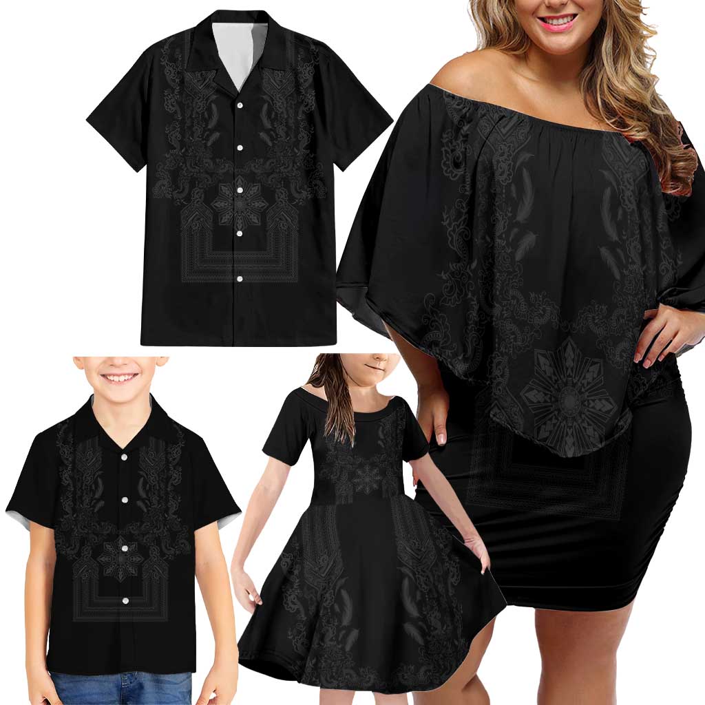 Philippines Barong Style Family Matching Off Shoulder Short Dress and Hawaiian Shirt with Polynesian Art and Leaf Motif Black Color