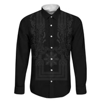 Philippines Barong Style Family Matching Off Shoulder Short Dress and Hawaiian Shirt with Polynesian Art and Leaf Motif Black Color LT03 Dad's Shirt - Long Sleeve Black - Polynesian Pride