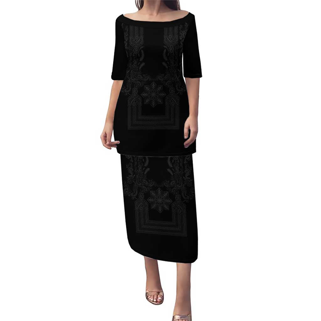 Philippines Barong Style Family Matching Puletasi and Hawaiian Shirt with Polynesian Art and Leaf Motif Black Color LT03 Mom's Dress Black - Polynesian Pride