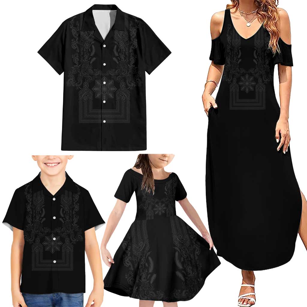Philippines Barong Style Family Matching Summer Maxi Dress and Hawaiian Shirt with Polynesian Art and Leaf Motif Black Color LT03 - Polynesian Pride