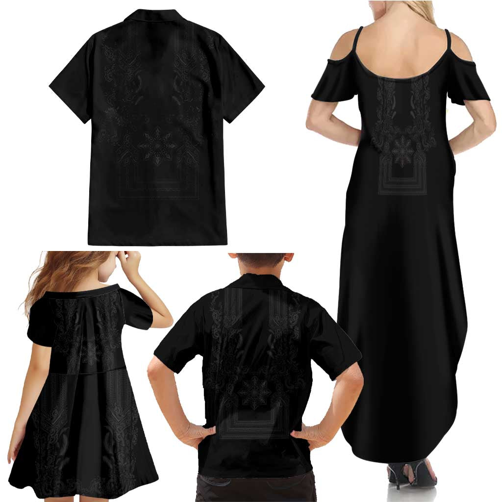 Philippines Barong Style Family Matching Summer Maxi Dress and Hawaiian Shirt with Polynesian Art and Leaf Motif Black Color LT03 - Polynesian Pride