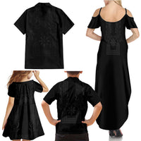 Philippines Barong Style Family Matching Summer Maxi Dress and Hawaiian Shirt with Polynesian Art and Leaf Motif Black Color LT03 - Polynesian Pride