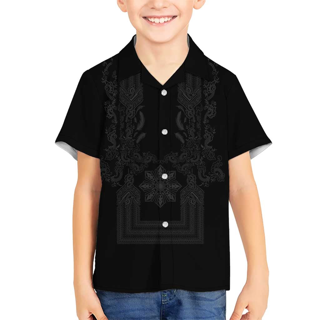 Philippines Barong Style Family Matching Summer Maxi Dress and Hawaiian Shirt with Polynesian Art and Leaf Motif Black Color LT03 Son's Shirt Black - Polynesian Pride