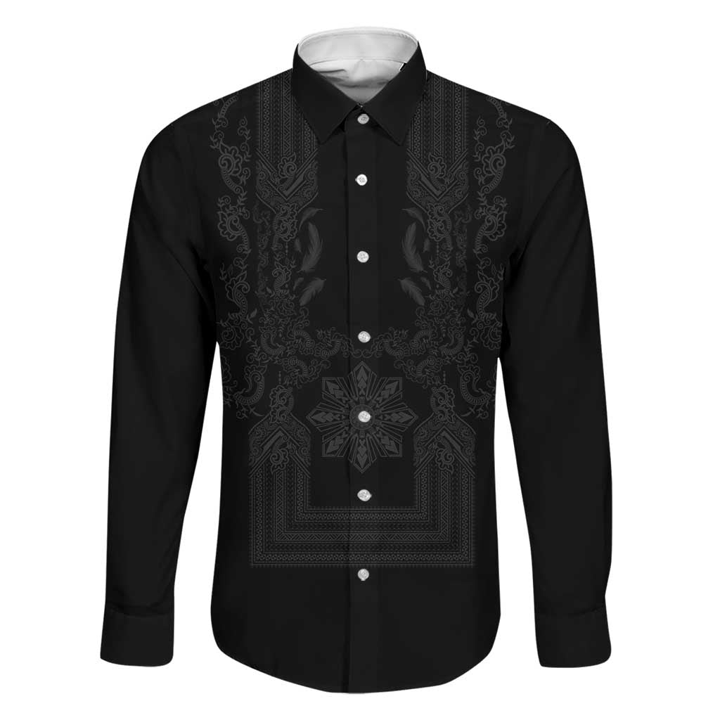 Philippines Barong Style Family Matching Tank Maxi Dress and Hawaiian Shirt with Polynesian Art and Leaf Motif Black Color LT03 Dad's Shirt - Long Sleeve Black - Polynesian Pride