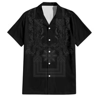 Philippines Barong Style Hawaiian Shirt with Polynesian Art and Leaf Motif Black Color