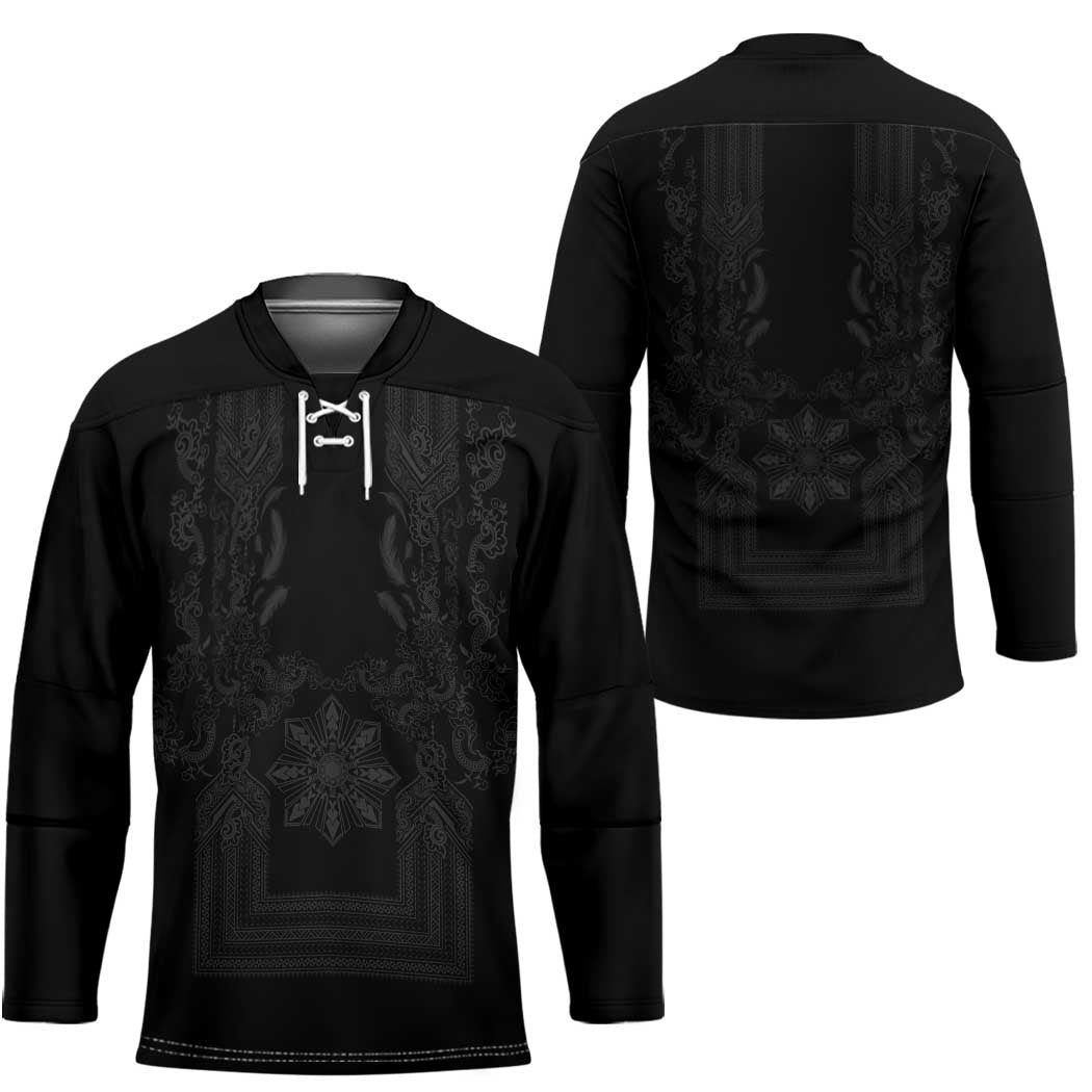 Philippines Barong Style Hockey Jersey with Polynesian Art and Leaf Motif Black Color