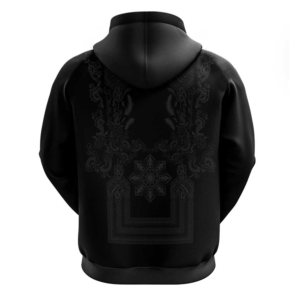 Philippines Barong Style Hoodie with Polynesian Art and Leaf Motif Black Color