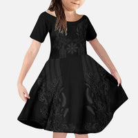 Philippines Barong Style Kid Short Sleeve Dress with Polynesian Art and Leaf Motif Black Color