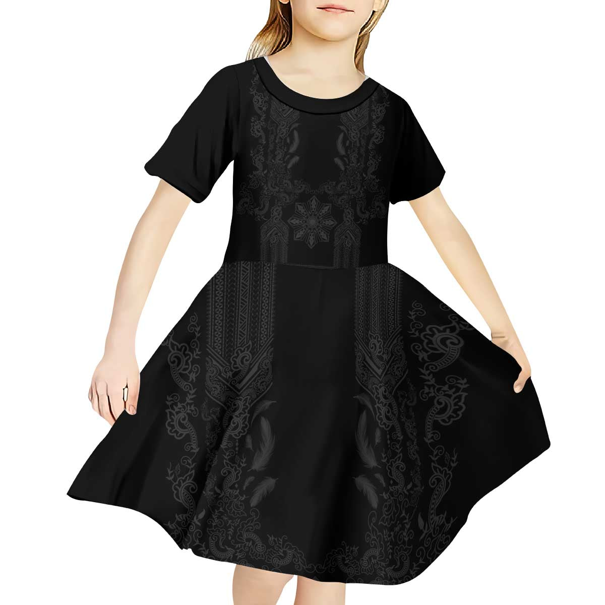 Philippines Barong Style Kid Short Sleeve Dress with Polynesian Art and Leaf Motif Black Color