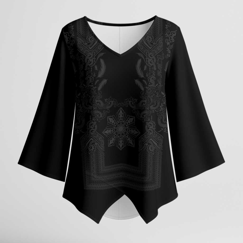 Philippines Barong Style Kimono Sleeve Blouse with Polynesian Art and Leaf Motif Black Color