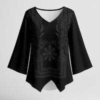 Philippines Barong Style Kimono Sleeve Blouse with Polynesian Art and Leaf Motif Black Color
