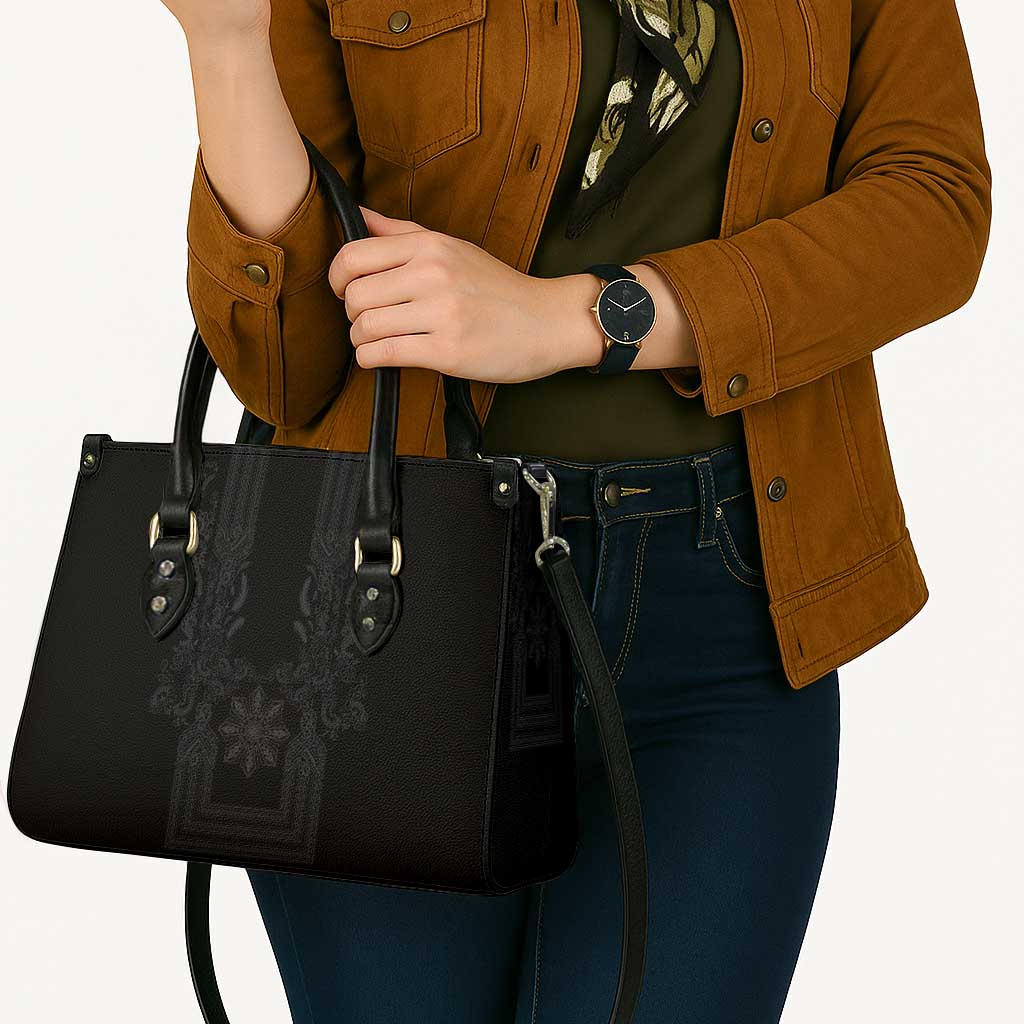 Philippines Barong Style Leather Bag with Polynesian Art and Leaf Motif Black Color