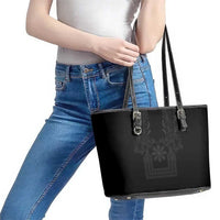 Philippines Barong Style Leather Tote Bag with Polynesian Art and Leaf Motif Black Color