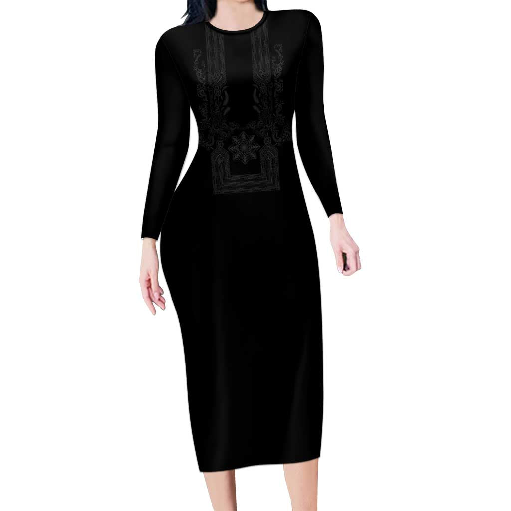 Philippines Barong Style Long Sleeve Bodycon Dress with Polynesian Art and Leaf Motif Black Color