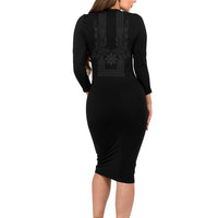 Philippines Barong Style Long Sleeve Bodycon Dress with Polynesian Art and Leaf Motif Black Color