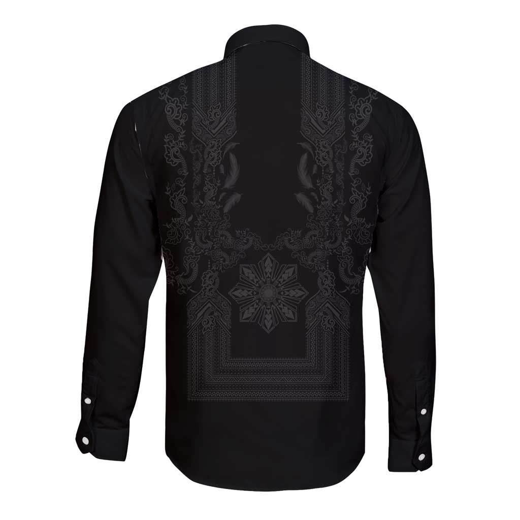Philippines Barong Style Long Sleeve Button Shirt with Polynesian Art and Leaf Motif Black Color