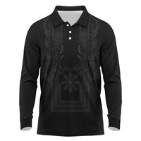 Philippines Barong Style Long Sleeve Polo Shirt with Polynesian Art and Leaf Motif Black Color