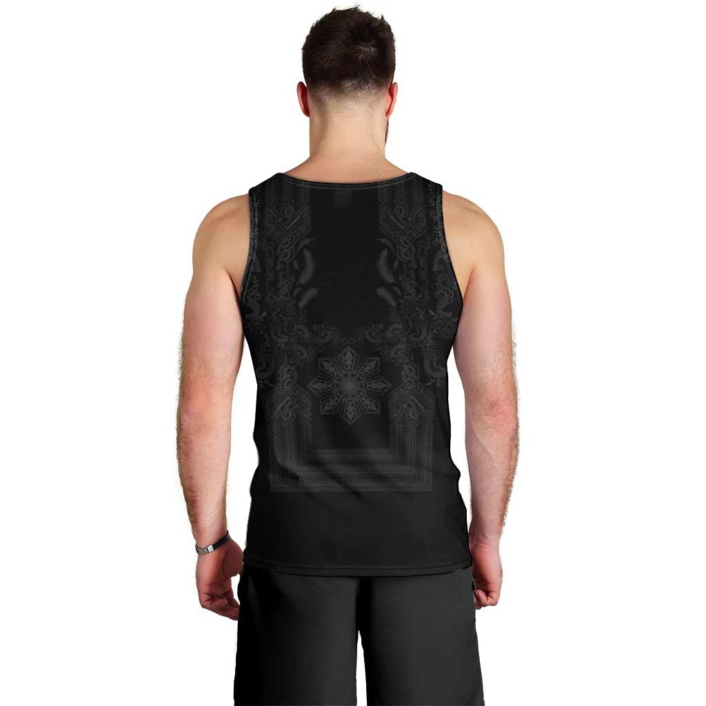 Philippines Barong Style Men Tank Top with Polynesian Art and Leaf Motif Black Color