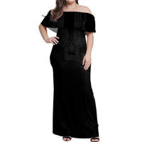 Philippines Barong Style Off Shoulder Maxi Dress with Polynesian Art and Leaf Motif Black Color