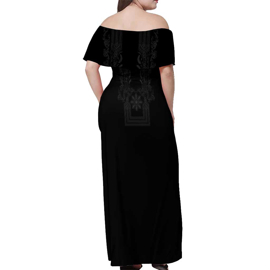 Philippines Barong Style Off Shoulder Maxi Dress with Polynesian Art and Leaf Motif Black Color