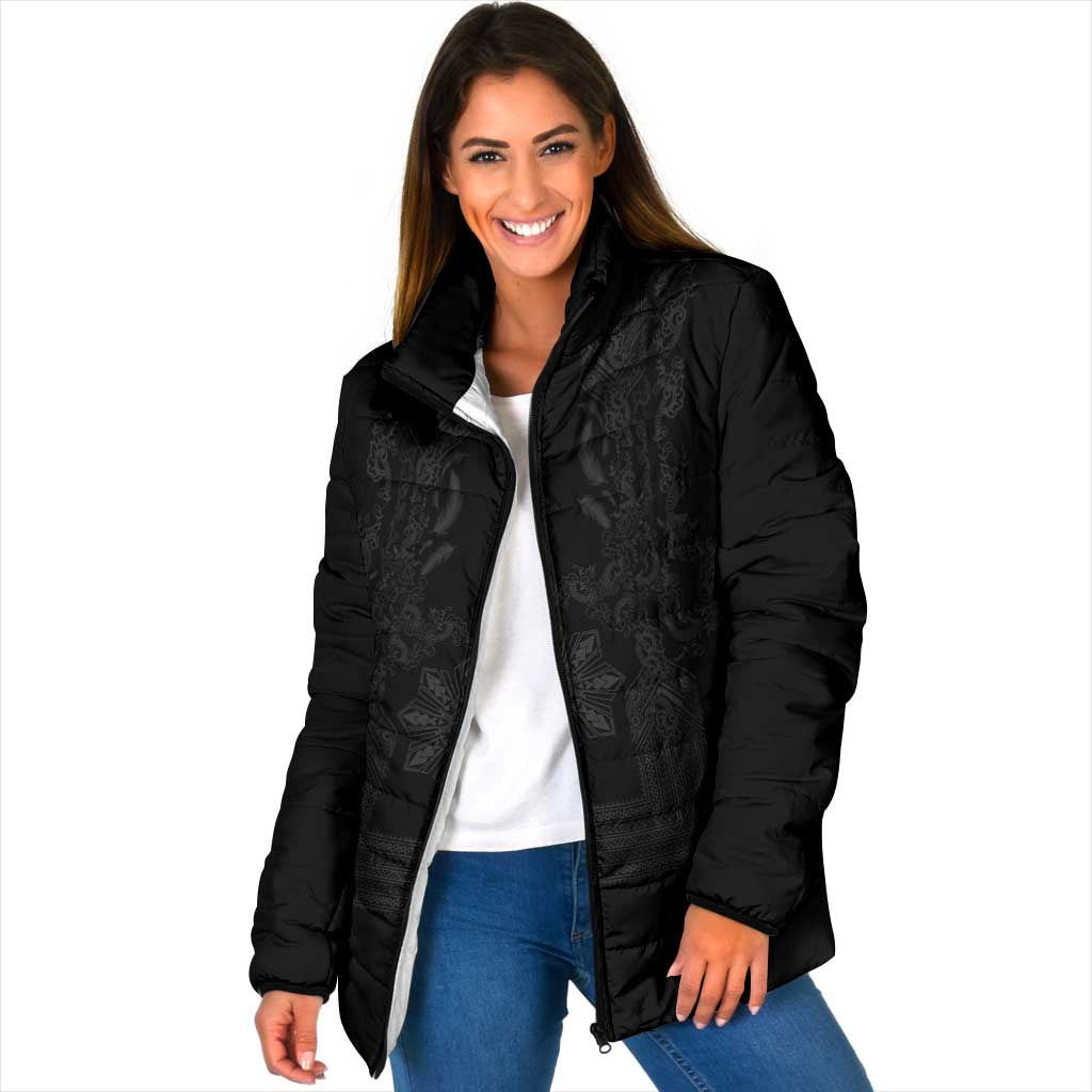 Philippines Barong Style Padded Jacket with Polynesian Art and Leaf Motif Black Color