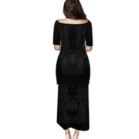 Philippines Barong Style Puletasi with Polynesian Art and Leaf Motif Black Color