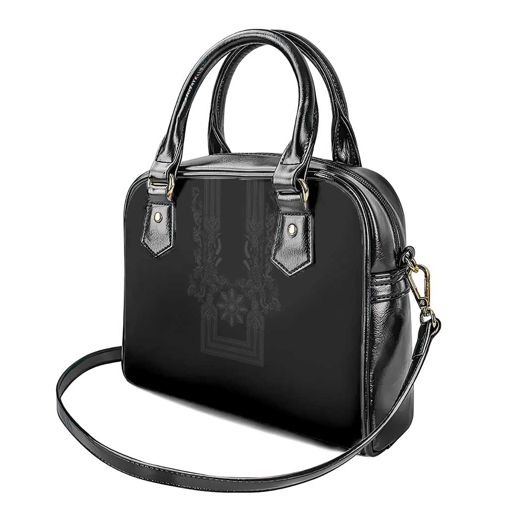 Philippines Barong Style Shoulder Handbag with Polynesian Art and Leaf Motif Black Color