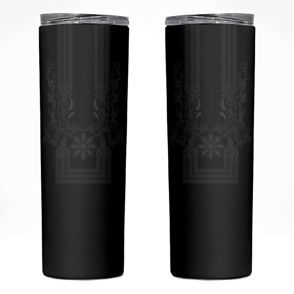 Philippines Barong Style Skinny Tumbler with Polynesian Art and Leaf Motif Black Color