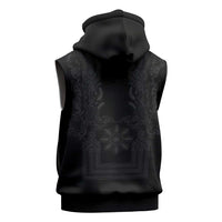 Philippines Barong Style Sleeveless Hoodie with Polynesian Art and Leaf Motif Black Color