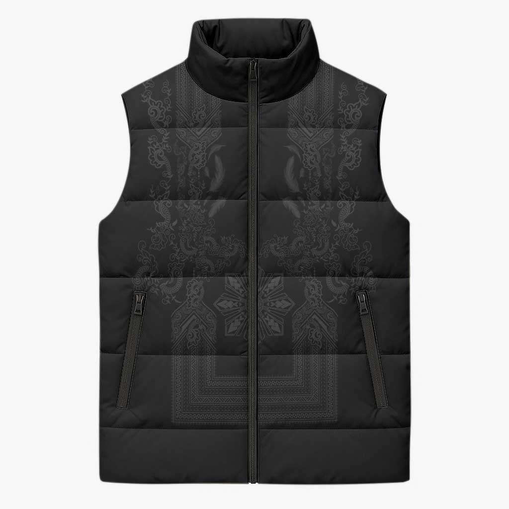 Philippines Barong Style Sleeveless Puffer Jacket with Polynesian Art and Leaf Motif Black Color