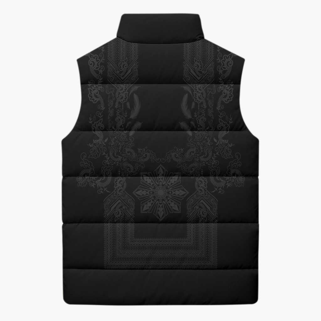 Philippines Barong Style Sleeveless Puffer Jacket with Polynesian Art and Leaf Motif Black Color