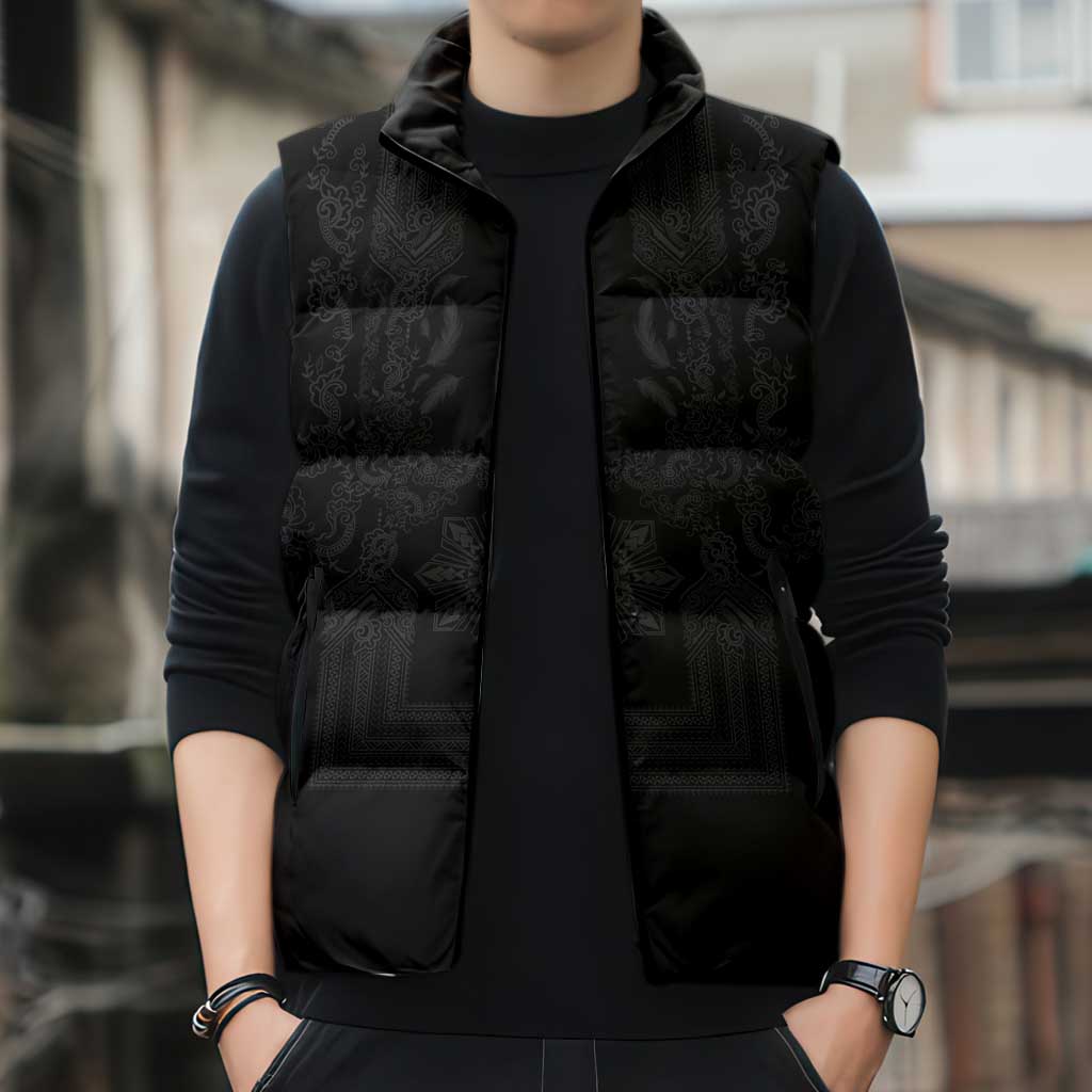 Philippines Barong Style Sleeveless Puffer Jacket with Polynesian Art and Leaf Motif Black Color