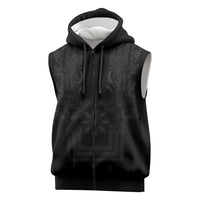 Philippines Barong Style Sleeveless Zip Hoodie with Polynesian Art and Leaf Motif Black Color