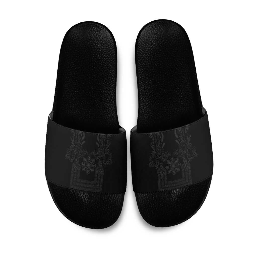Philippines Barong Style Slide Sandals with Polynesian Art and Leaf Motif Black Color