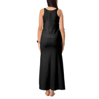 Philippines Barong Style Tank Maxi Dress with Polynesian Art and Leaf Motif Black Color
