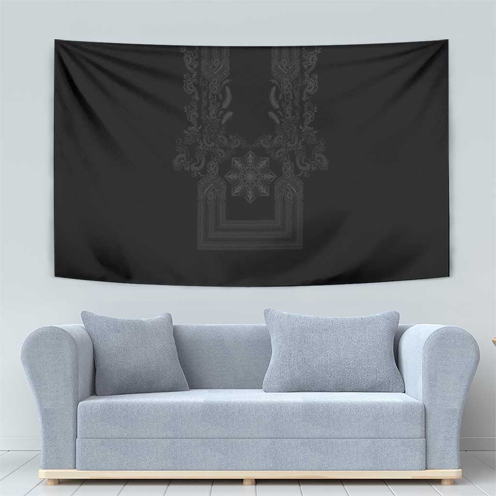 Philippines Barong Style Tapestry with Polynesian Art and Leaf Motif Black Color