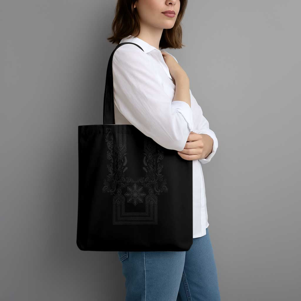 Philippines Barong Style Tote Bag with Polynesian Art and Leaf Motif Black Color