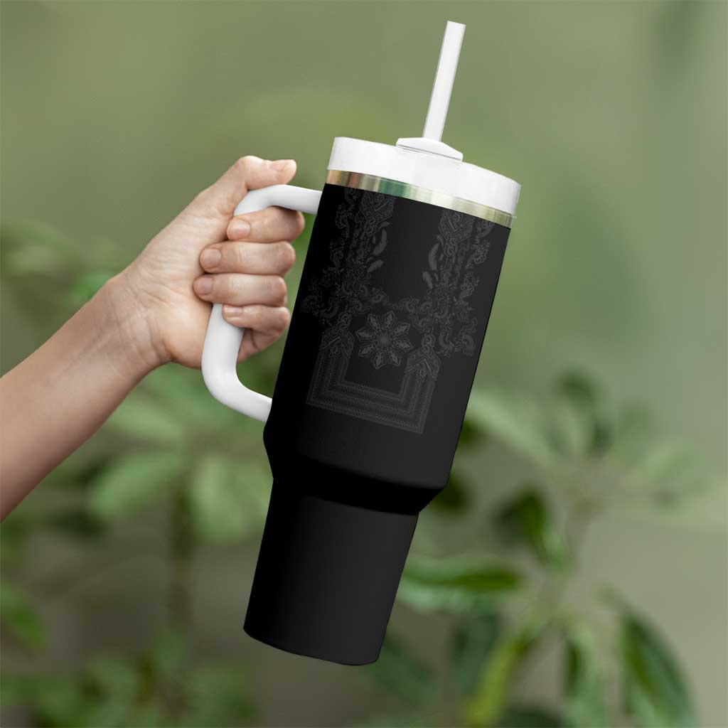 Philippines Barong Style Tumbler With Handle with Polynesian Art and Leaf Motif Black Color