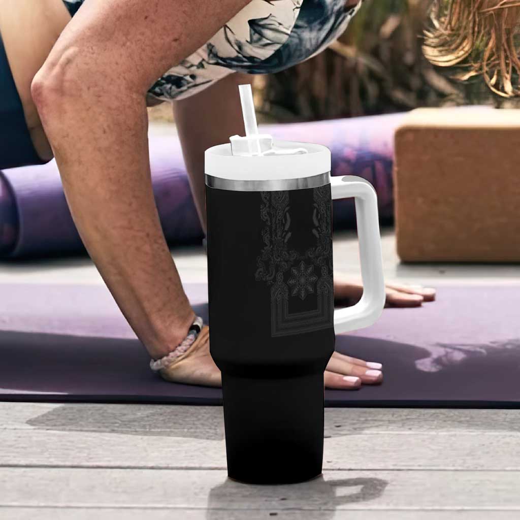 Philippines Barong Style Tumbler With Handle with Polynesian Art and Leaf Motif Black Color