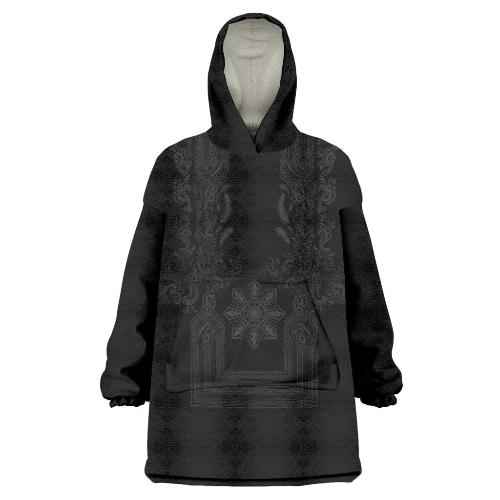 Philippines Barong Style Wearable Blanket Hoodie with Polynesian Art and Leaf Motif Black Color