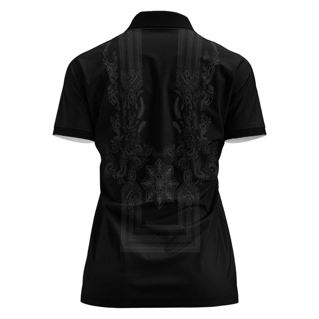 Philippines Barong Style Women Polo Shirt with Polynesian Art and Leaf Motif Black Color