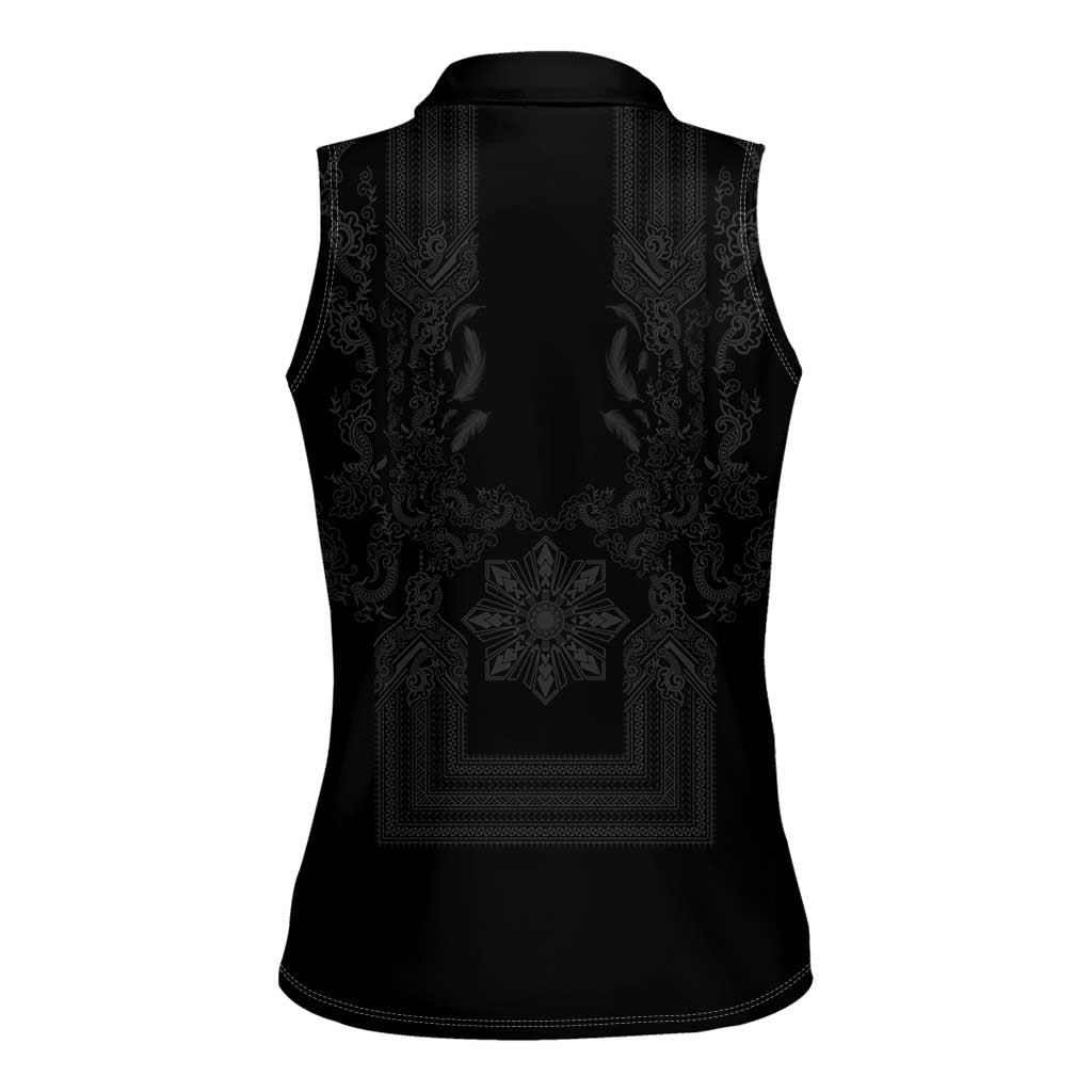 Philippines Barong Style Women Sleeveless Polo Shirt with Polynesian Art and Leaf Motif Black Color