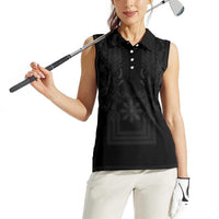 Philippines Barong Style Women Sleeveless Polo Shirt with Polynesian Art and Leaf Motif Black Color