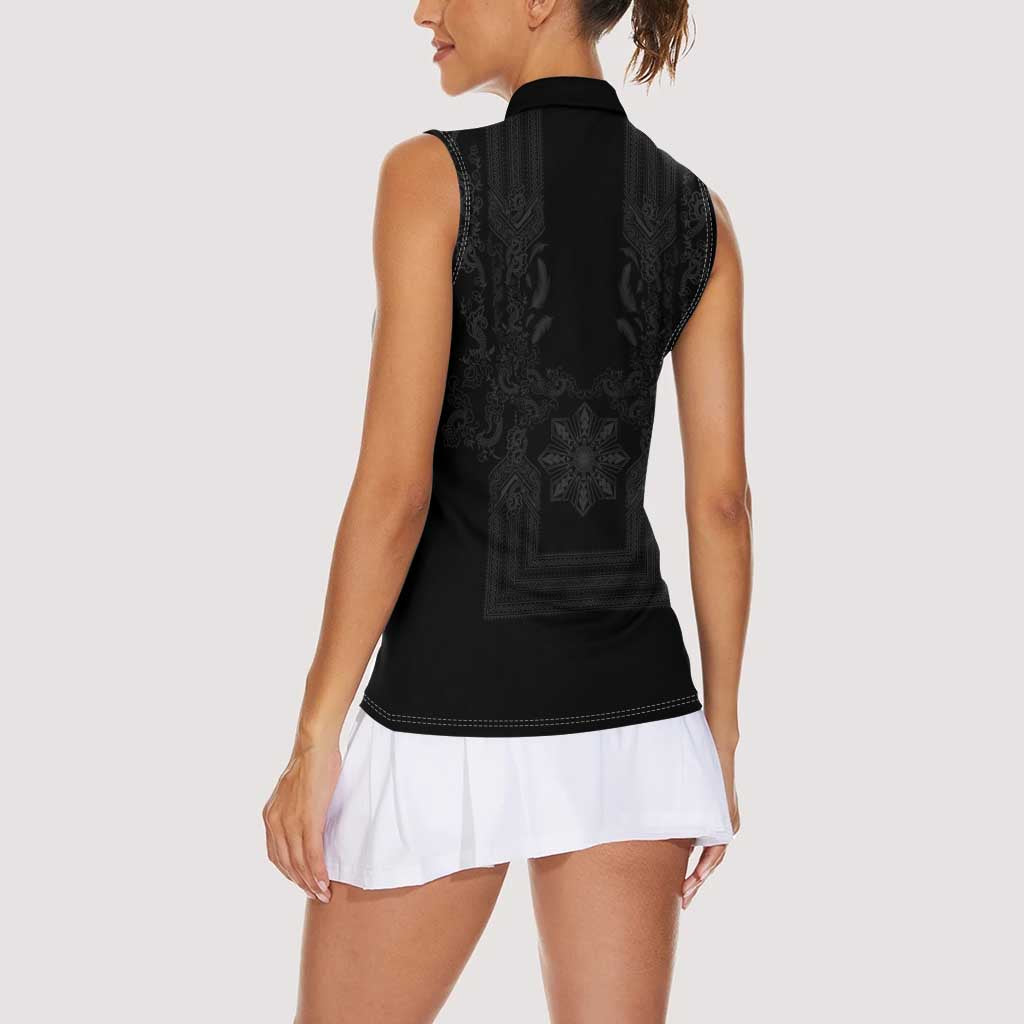 Philippines Barong Style Women Sleeveless Polo Shirt with Polynesian Art and Leaf Motif Black Color